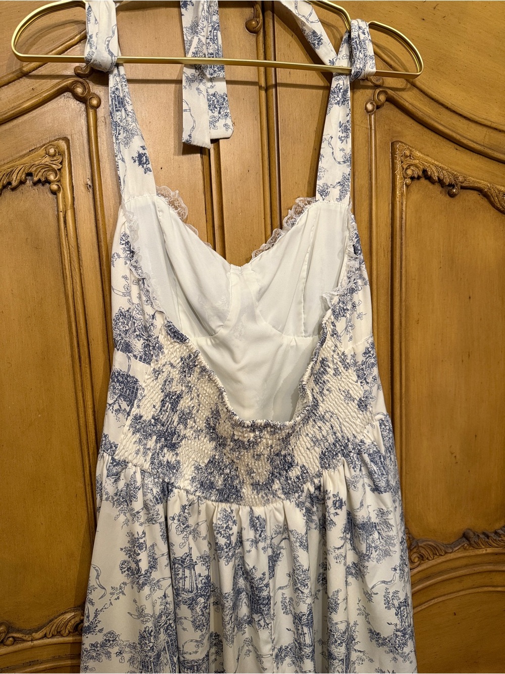 Light Cream & Blue Toile Halter Maxi Dress - Picture 8 of 12